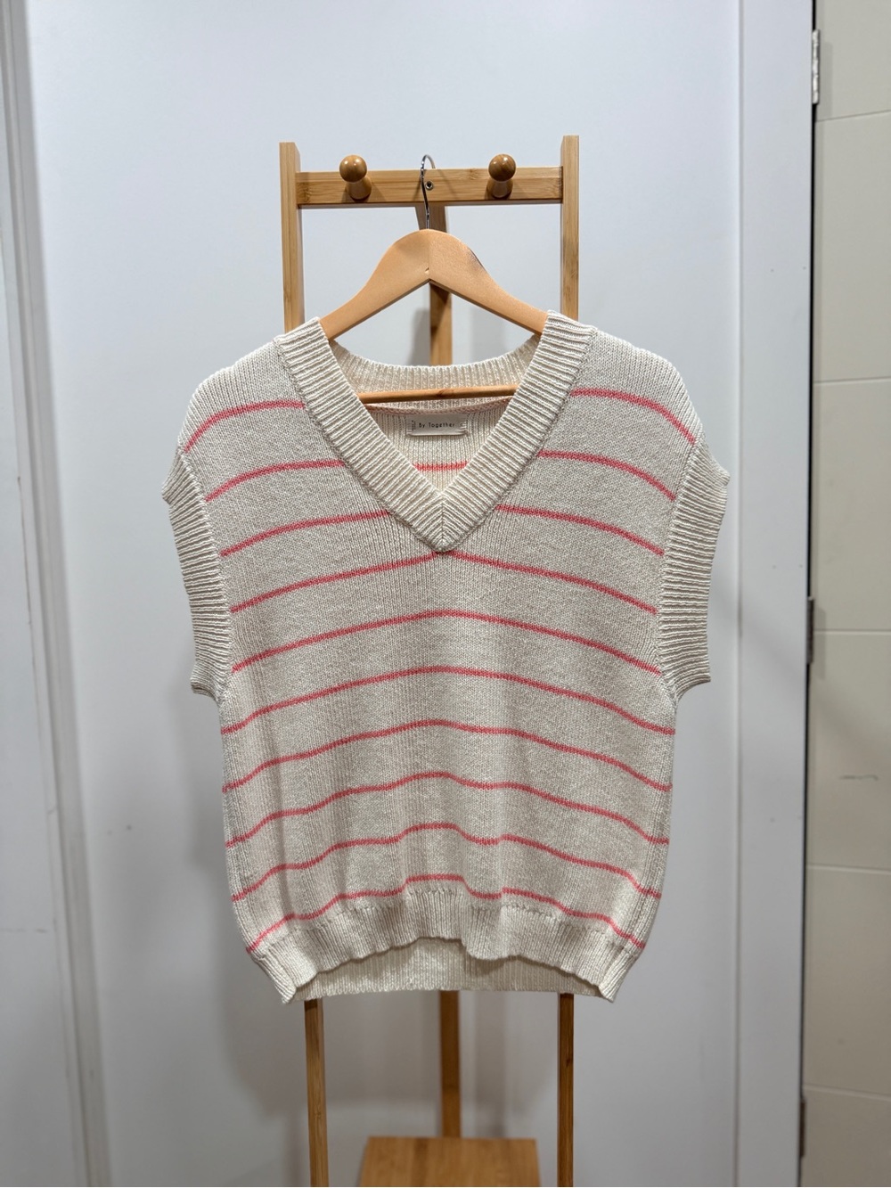 By Together Cream Sleeveless V-Neck Sweater with Pink Stripes